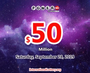 2019年9月25日的Powerball结果，头奖为5000万美元。
